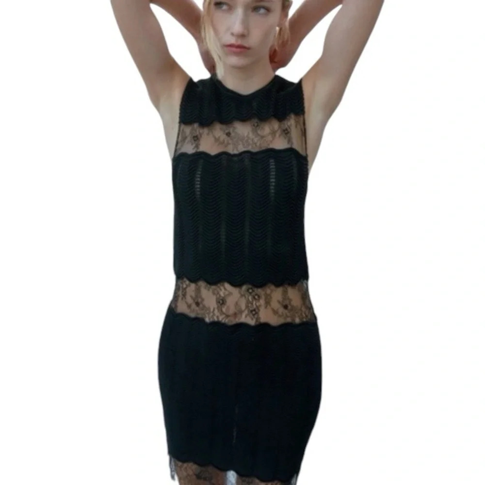 Zara NEW Black Witchy Mixed Lace Knit Whimsigoth Mesh Romantic Goth Dress Size S